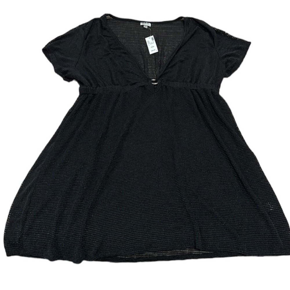 AVENUE Swim Cover-up Black V-neck O Ring Short Sleeve Mesh Pullover NWT Sz 22/24